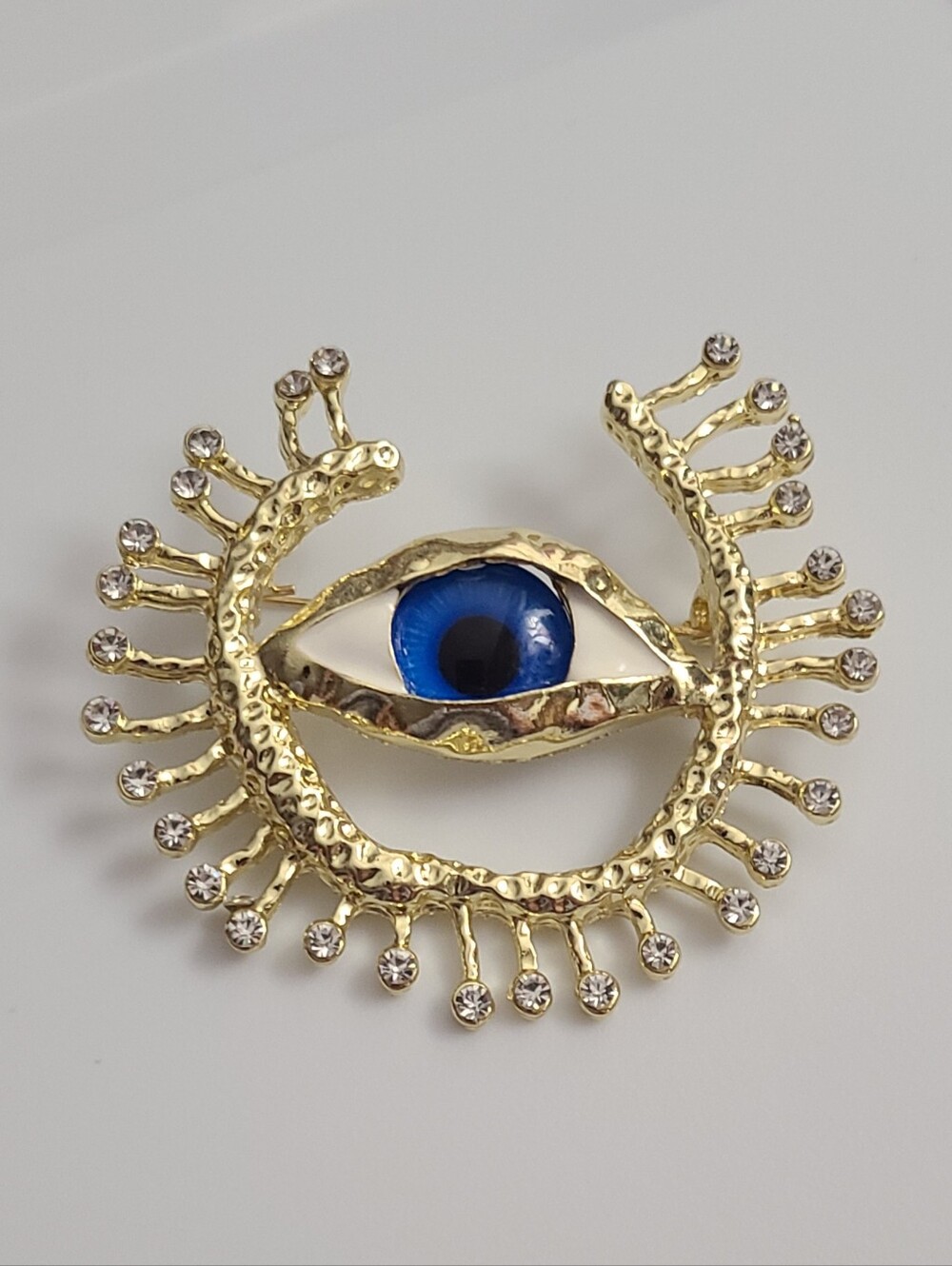 Eye Brooch Blue Rhinestones Gold Tone New  Modern Art Metal Acrylic